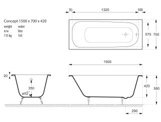 Ванна чугунная Vinsent Veron Concept VCO1507042H 150x70см с отверстиями для ручек